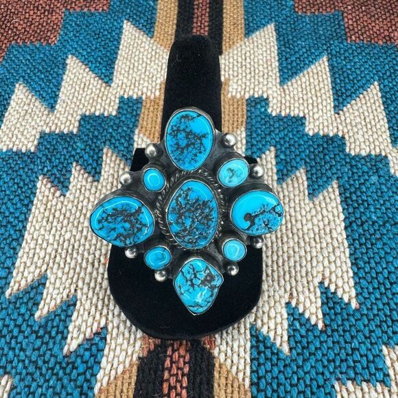 Native American Turquoise Cluster Ring Sterling - Picture 1 of 5